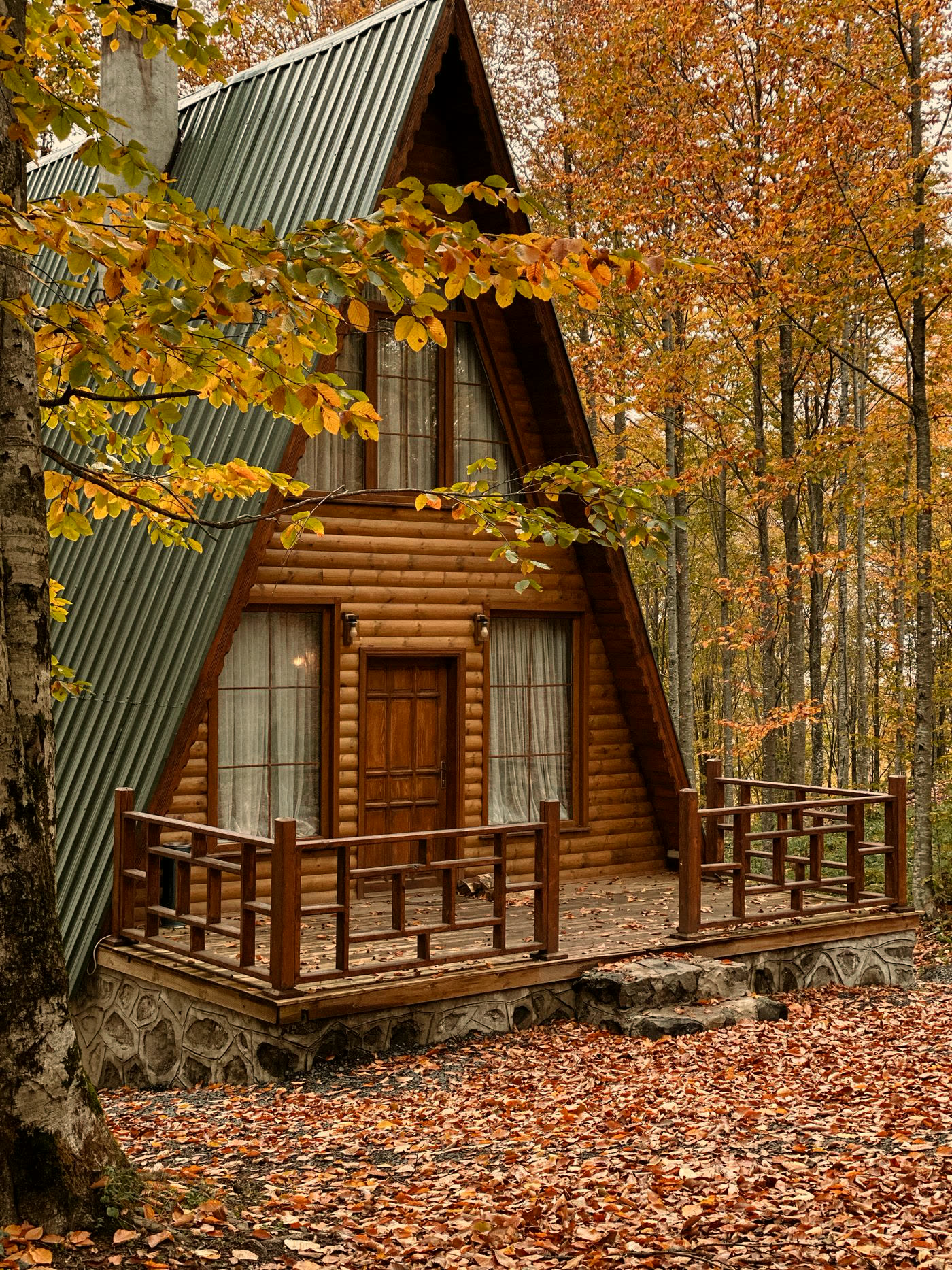 A-frame cabin in an autumn forest with fallen leaves
