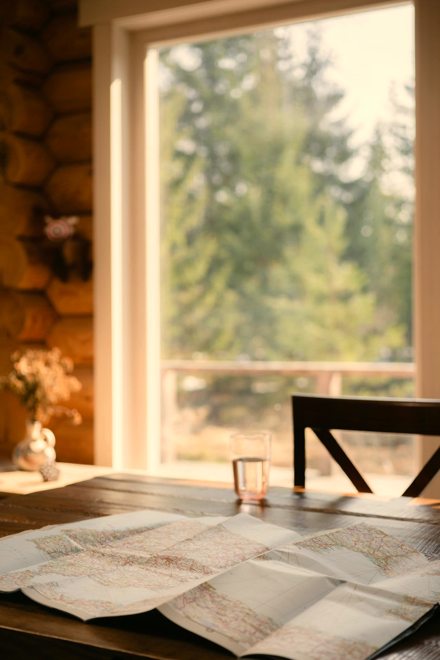 A wooden table and map inside a cabin, looking out to trees